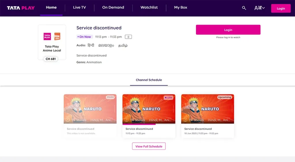 Tata Play Anime Local discontinued
